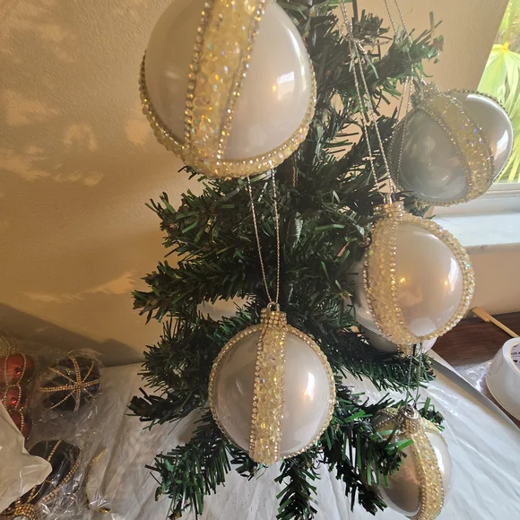 Elegant White and Silver Holiday Ornaments 6 Piece 2.5 Inch Handmade - Picture 4 of 10